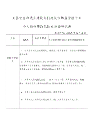 X县住房和城乡建设部门建筑市场监管股干部个人岗位廉政风险点排查登记表.docx