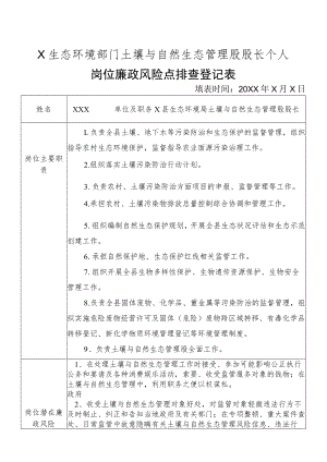 X县生态环境部门土壤与自然生态管理股股长个人岗位廉政风险点排查登记表.docx