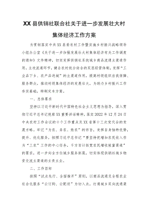 XX县供销社联合社关于进一步发展壮大村集体经济工作方案 .docx