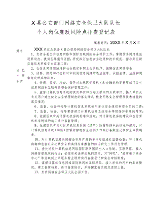 X县公安部门网络安全保卫大队队长个人岗位廉政风险点排查登记表.docx