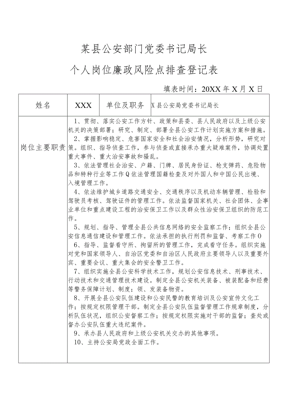 某县公安部门党组书记局长个人岗位廉政风险点排查登记表.docx_第1页