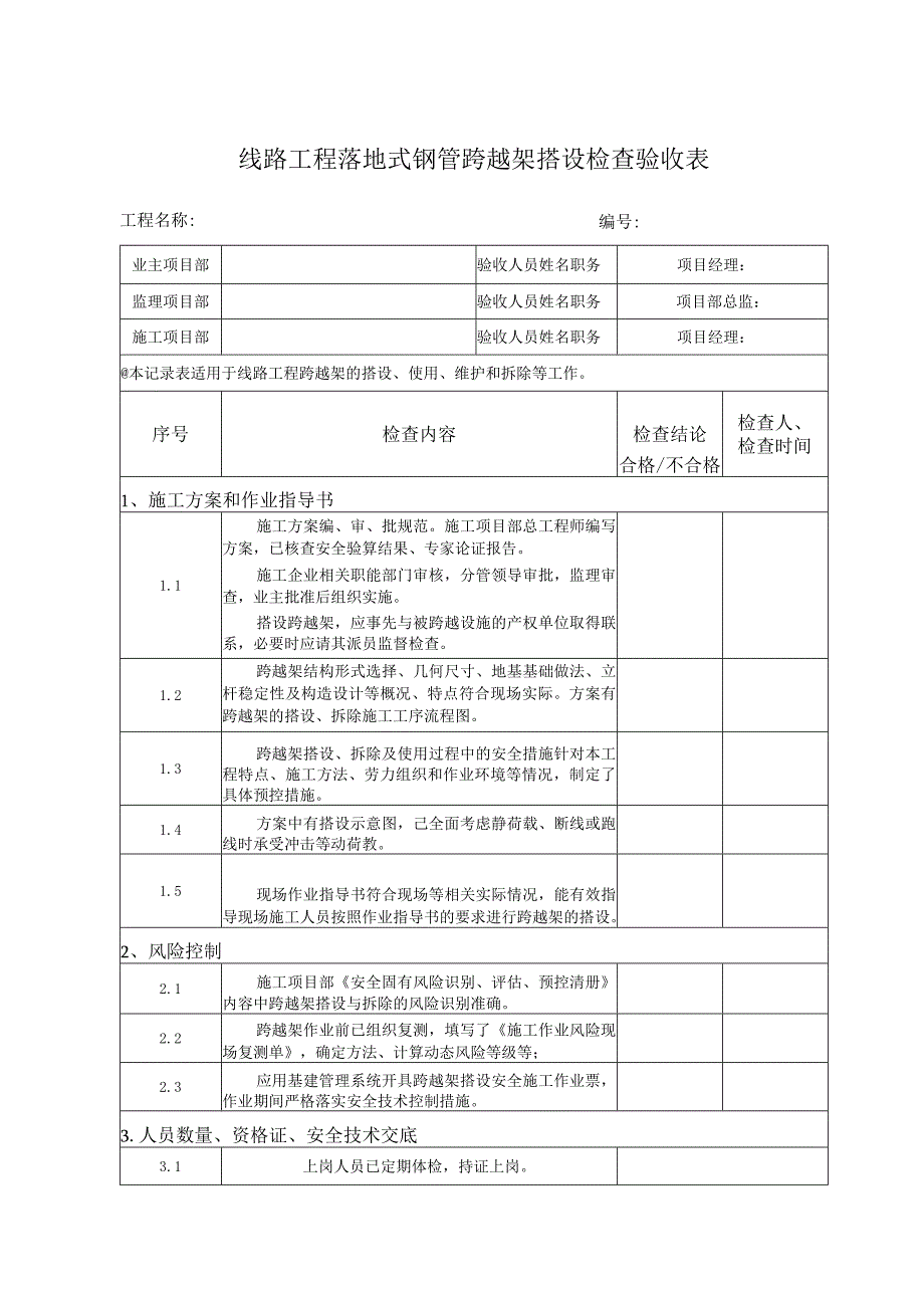 线路工程落地式钢管跨越架搭设检查验收表.docx_第1页