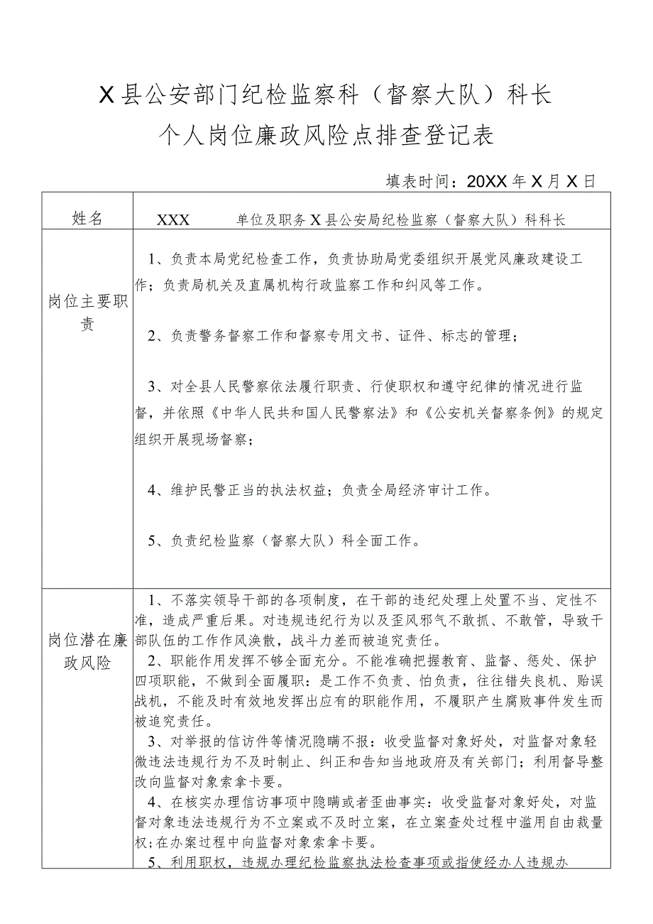 X县公安部门纪检监察科（督察大队）科长个人岗位廉政风险点排查登记表.docx_第1页