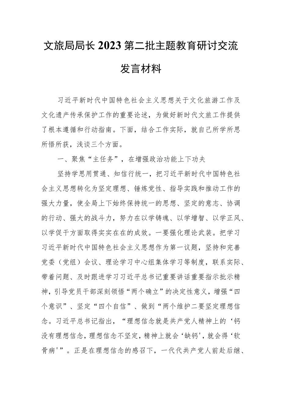 文旅局局长2023第二批主题教育研讨交流发言材料.docx_第1页