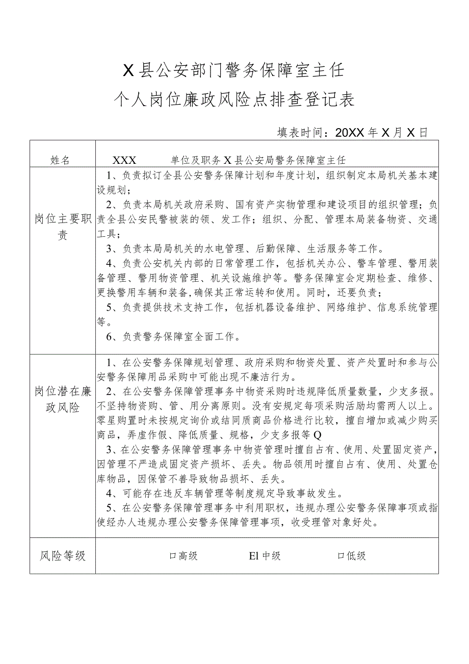 X县公安部门警务保障室主任个人岗位廉政风险点排查登记表.docx_第1页