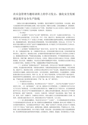 在应急管理专题培训班上的学习发言：强化安全发展理念 筑牢安全生产防线.docx