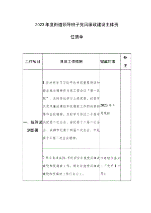 2023年度街道领导班子党风廉政建设主体责任清单(表格)范文.docx