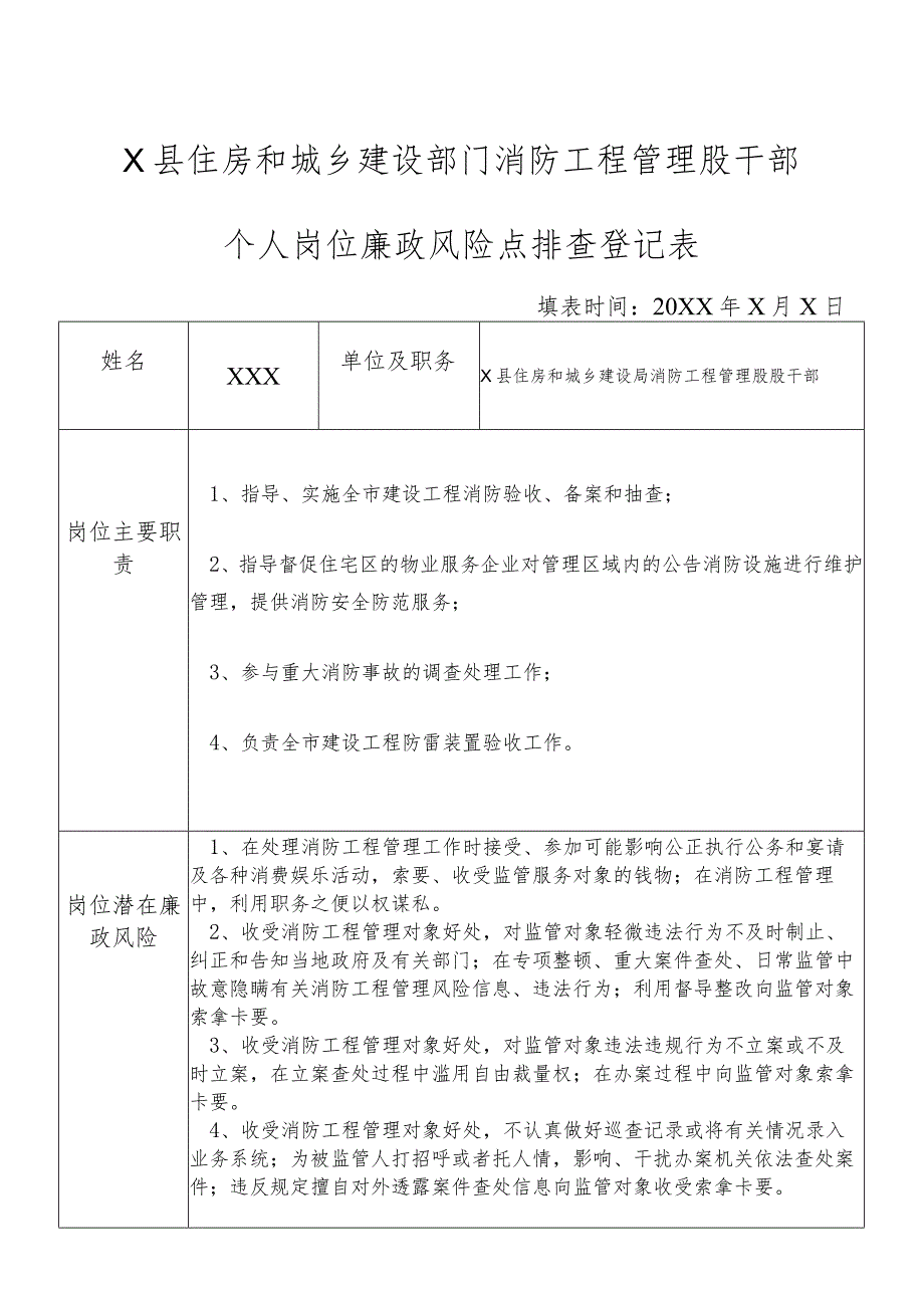 X县住房和城乡建设部门消防工程管理股干部个人岗位廉政风险点排查登记表.docx_第1页