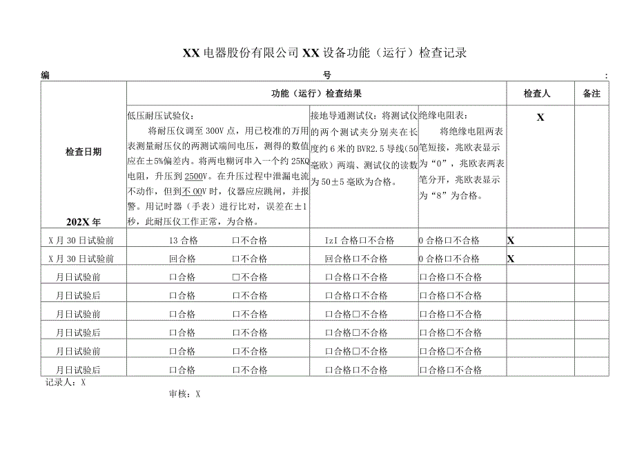 XX电器股份有限公司XX设备功能（运行）检查记录（2023年）.docx_第1页