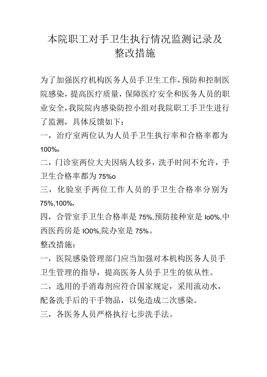 本院职工对手卫生执行情况监测记录及整改措施.docx_第1页