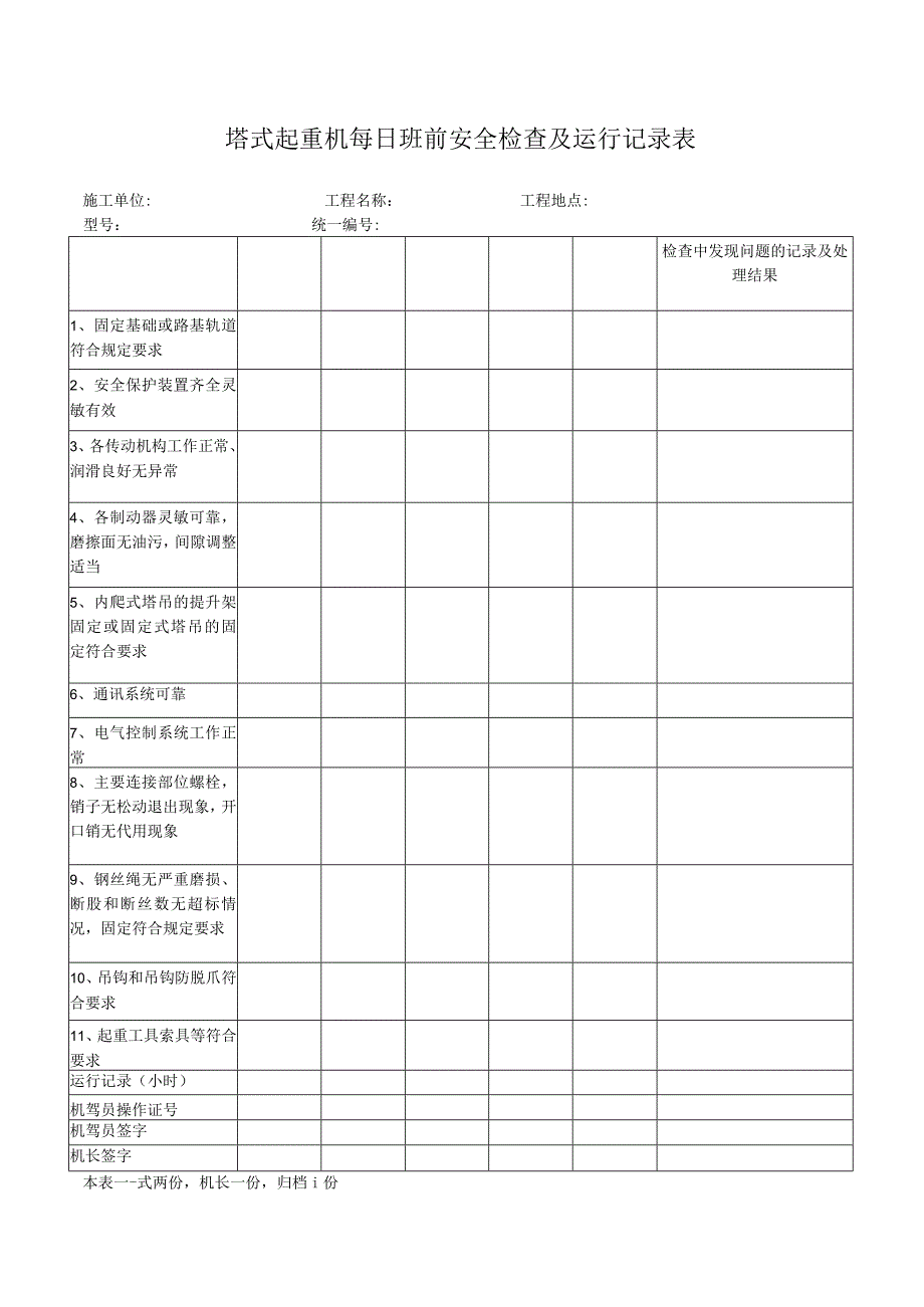 塔式起重机每日班前安全检查及运行记录表.docx_第1页