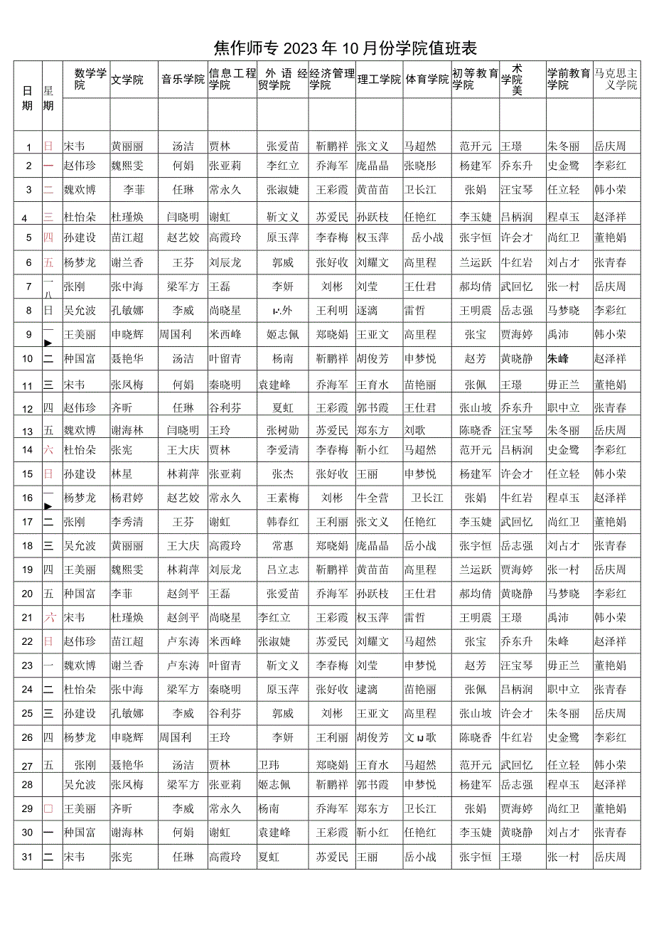 焦作师专2023年10月份行政值班表.docx_第2页