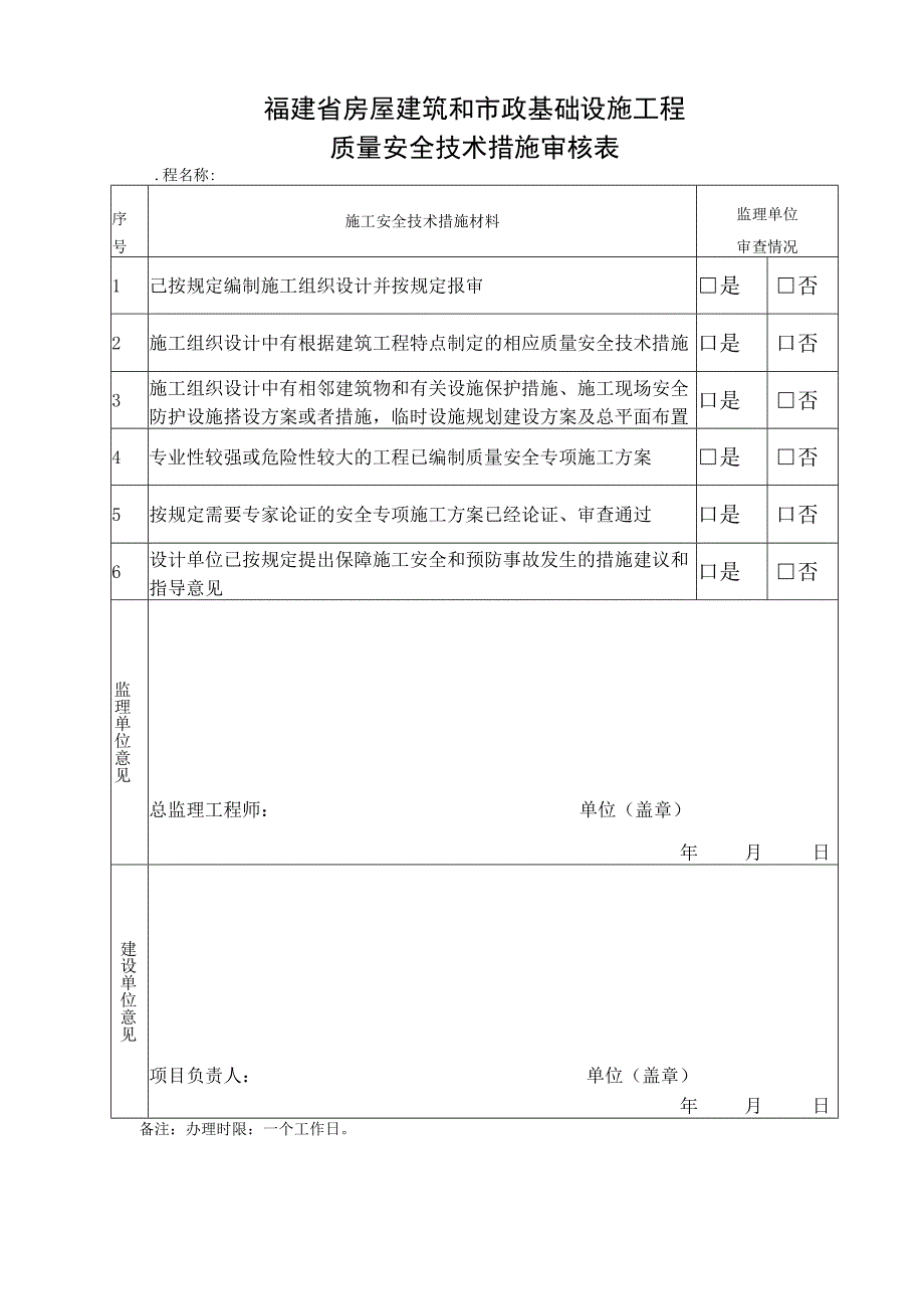 福建省房屋建筑和市政基础设施工程质量安全技术措施审核表工程名称.docx_第1页