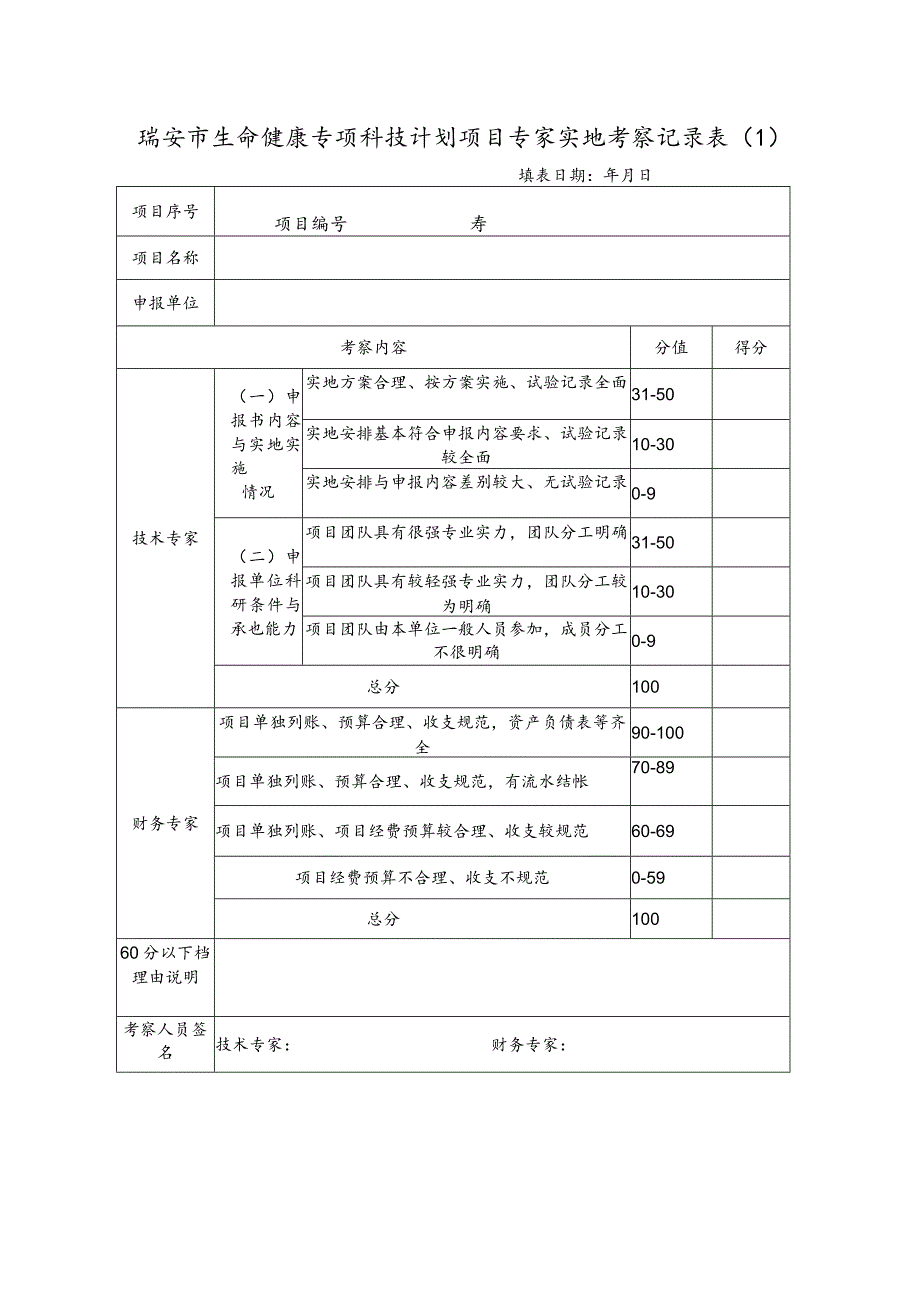 瑞安市生命健康专项科技计划项目专家实地考察记录.docx_第1页