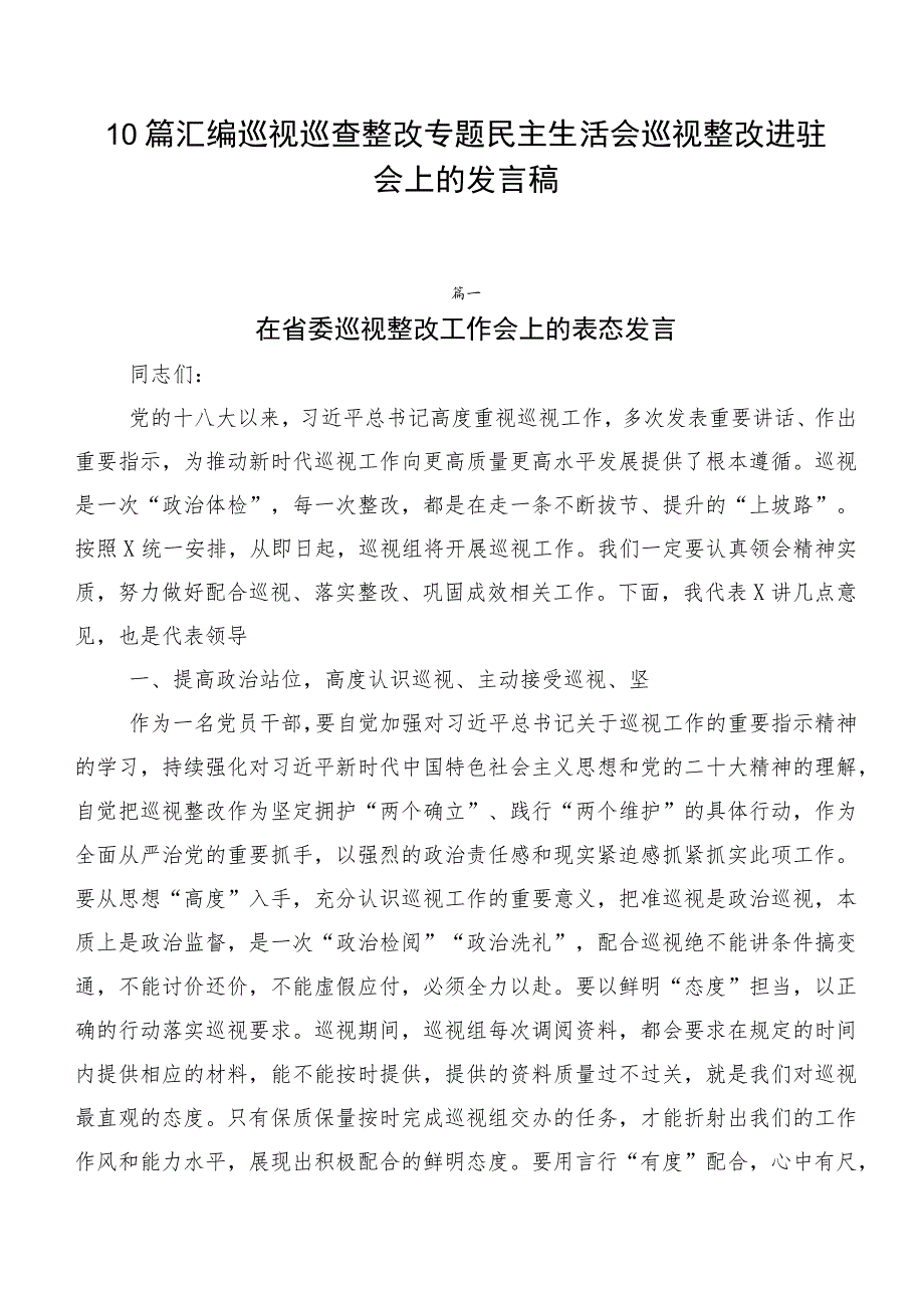 10篇汇编巡视巡查整改专题民主生活会巡视整改进驻会上的发言稿.docx_第1页