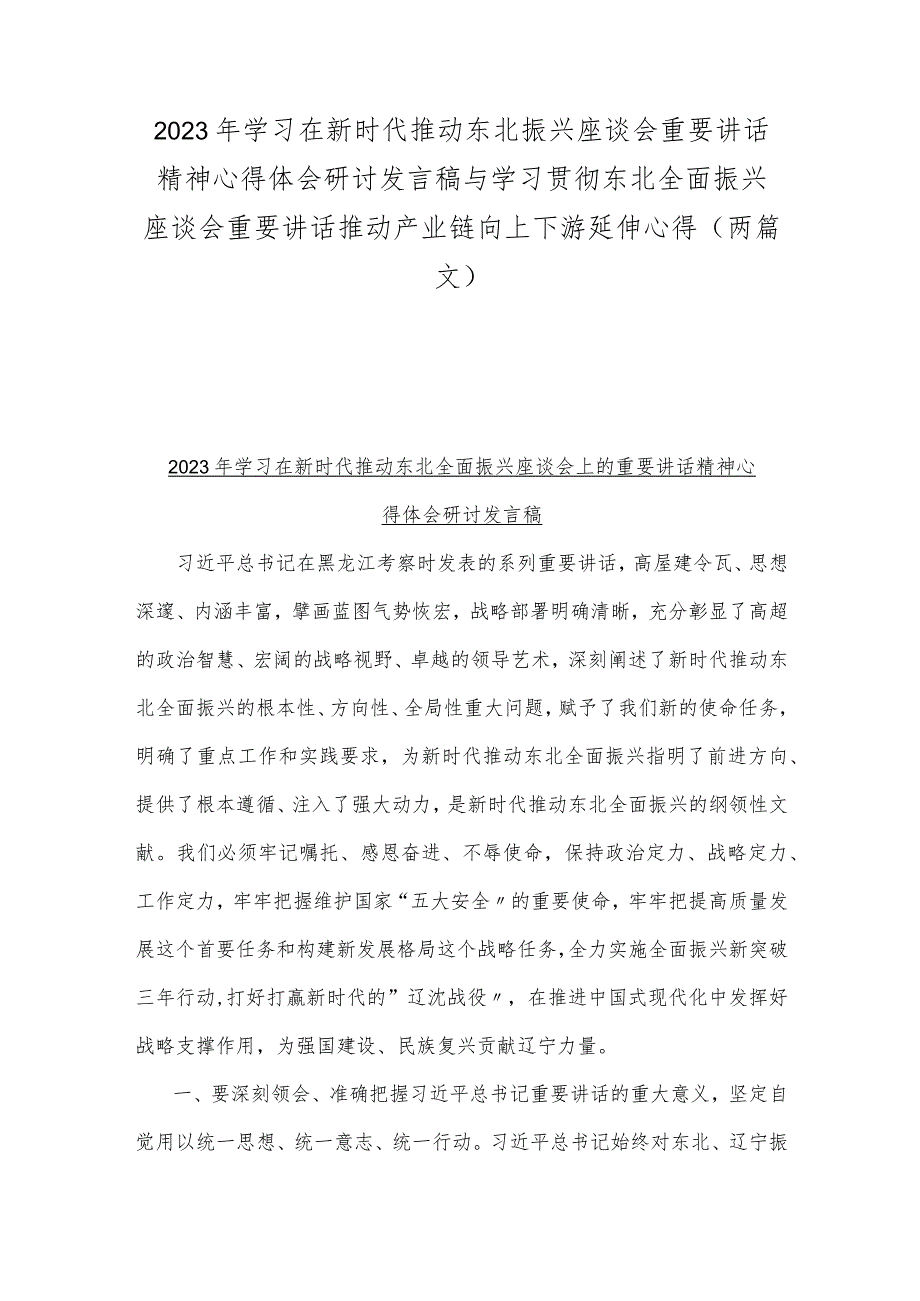 2023年学习在新时代推动东北振兴座谈会重要讲话精神心得体会研讨发言稿与学习贯彻东北全面振兴座谈会重要讲话推动产业链向上下游延伸心得（两篇文）.docx_第1页