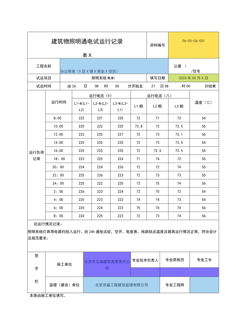 办公用房（X区X镇X商业X项目）建筑物照明通电试运行记录（2023年）.docx_第1页