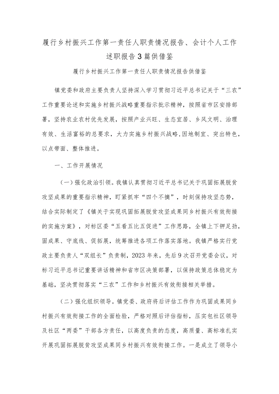 履行乡村振兴工作第一责任人职责情况报告、会计个人工作述职报告3篇供借鉴.docx_第1页