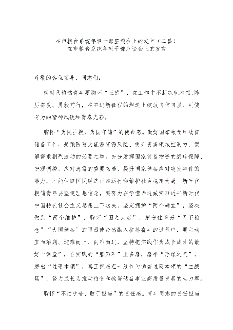 在市粮食系统年轻干部座谈会上的发言(二篇).docx_第1页