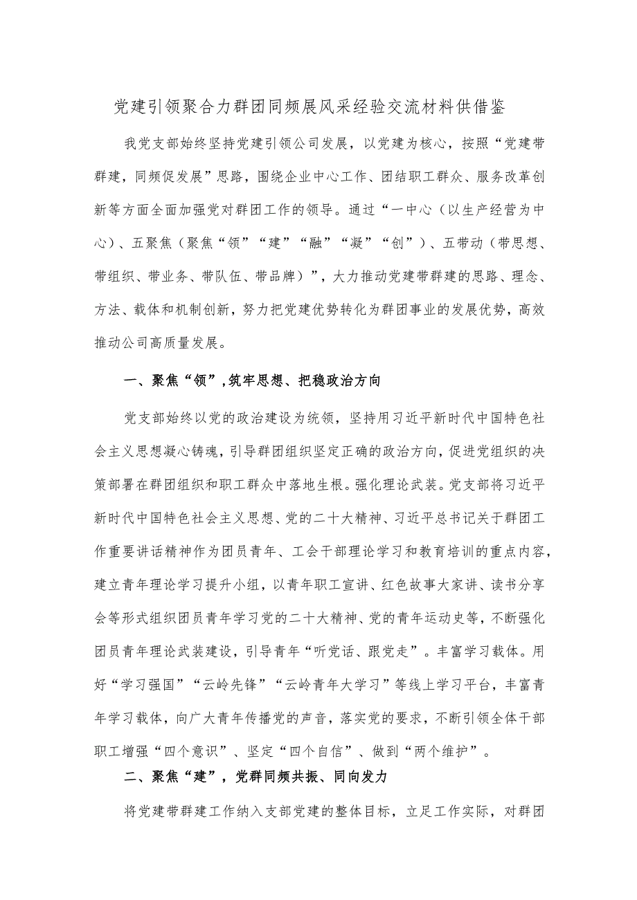 党建引领聚合力 群团同频展风采经验交流材料供借鉴.docx_第1页