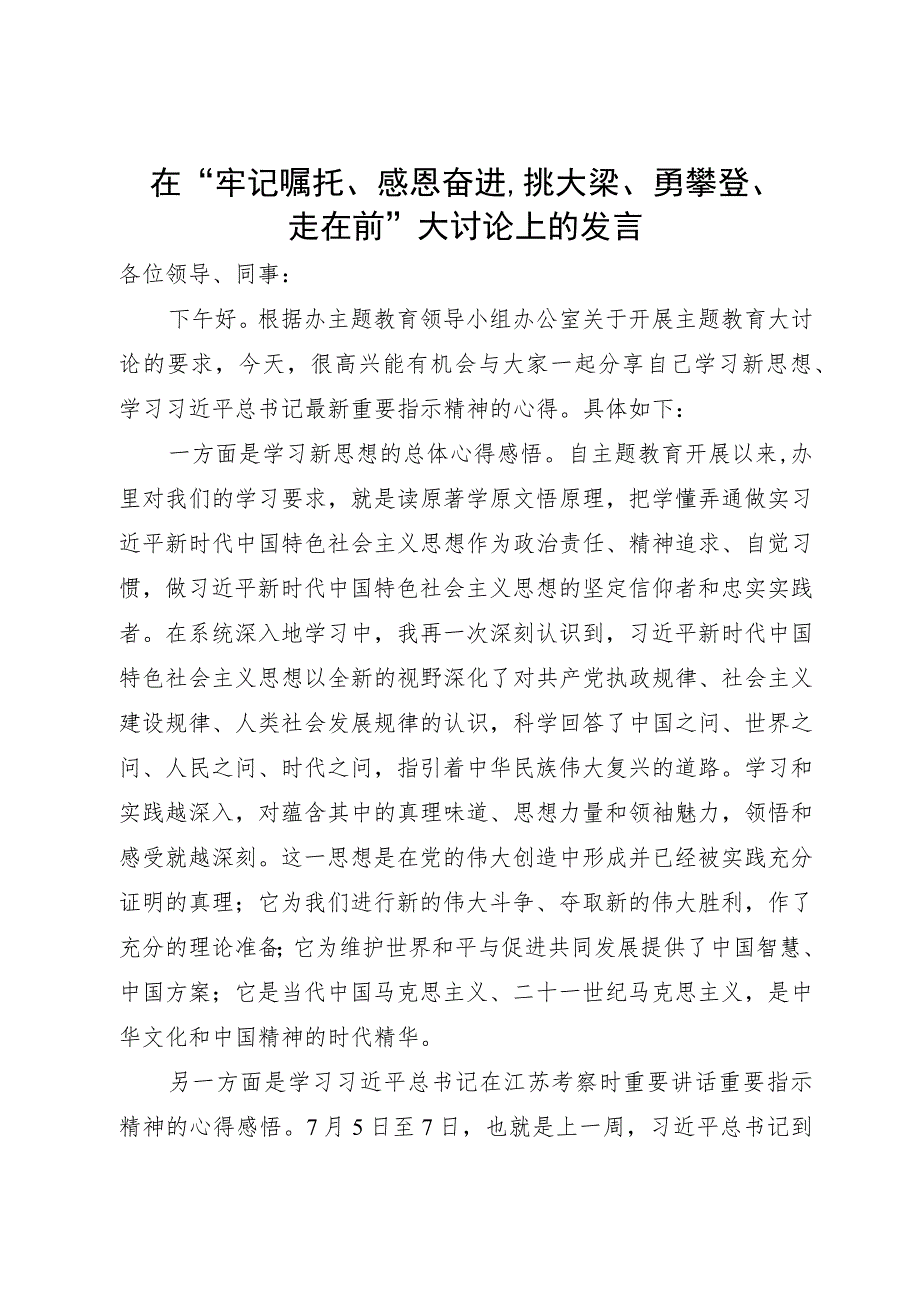 在主题教育“牢记嘱托、感恩奋进挑大梁、勇攀登、走在前”大讨论上的发言.docx_第1页