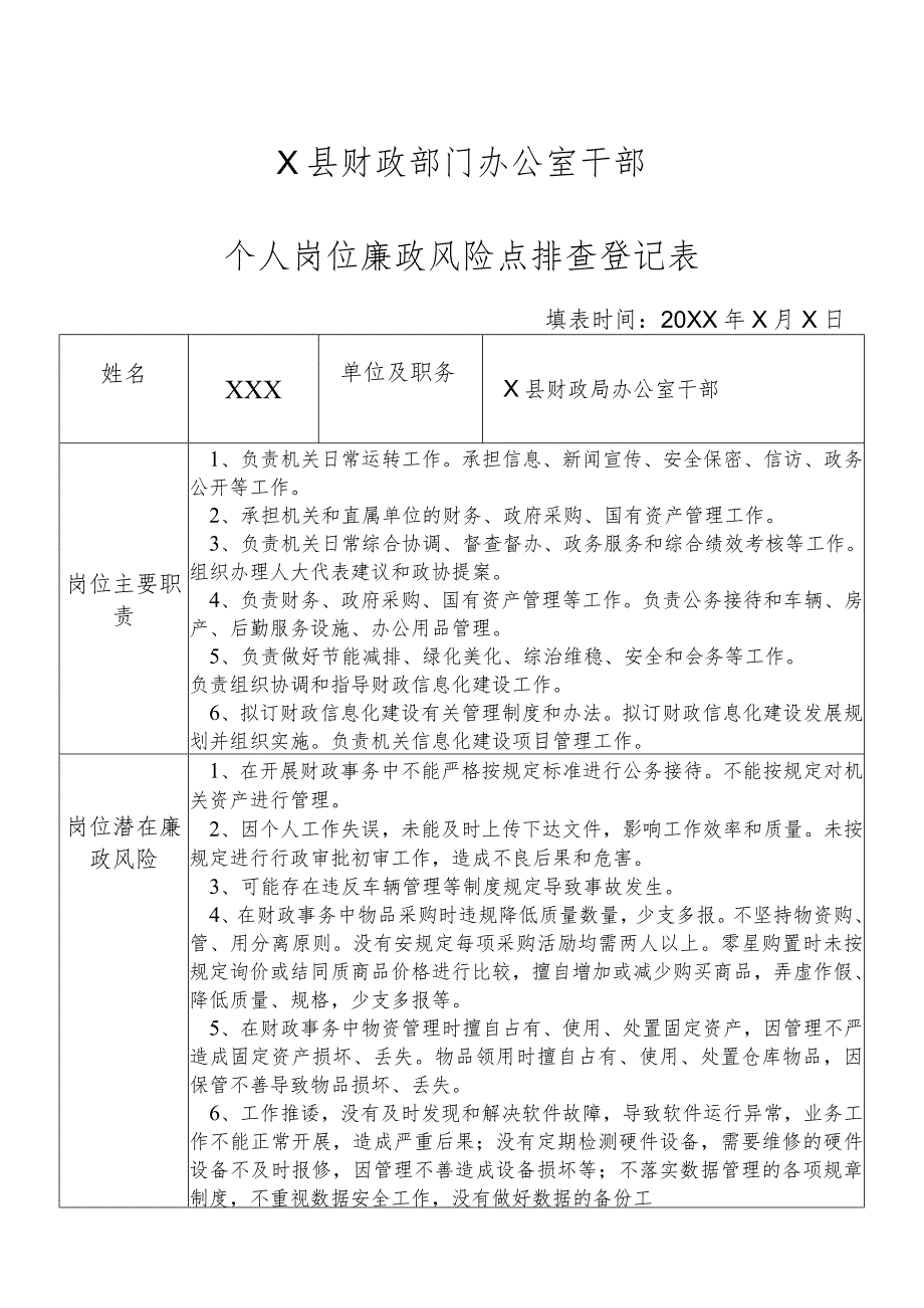 某县财政部门部门办公室干部个人岗位廉政风险点排查登记表.docx_第1页