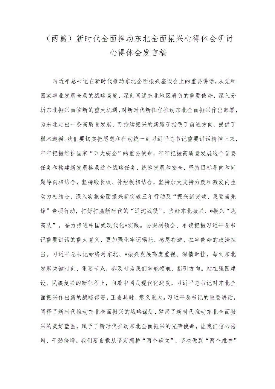 （两篇）新时代全面推动东北全面振兴心得体会研讨心得体会发言稿.docx_第1页