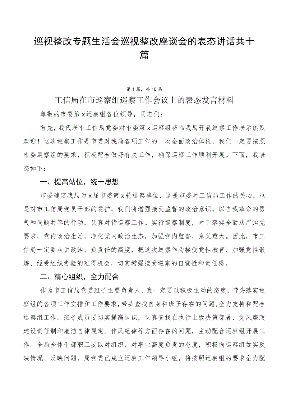 巡视整改专题生活会巡视整改座谈会的表态讲话共十篇.docx_第1页