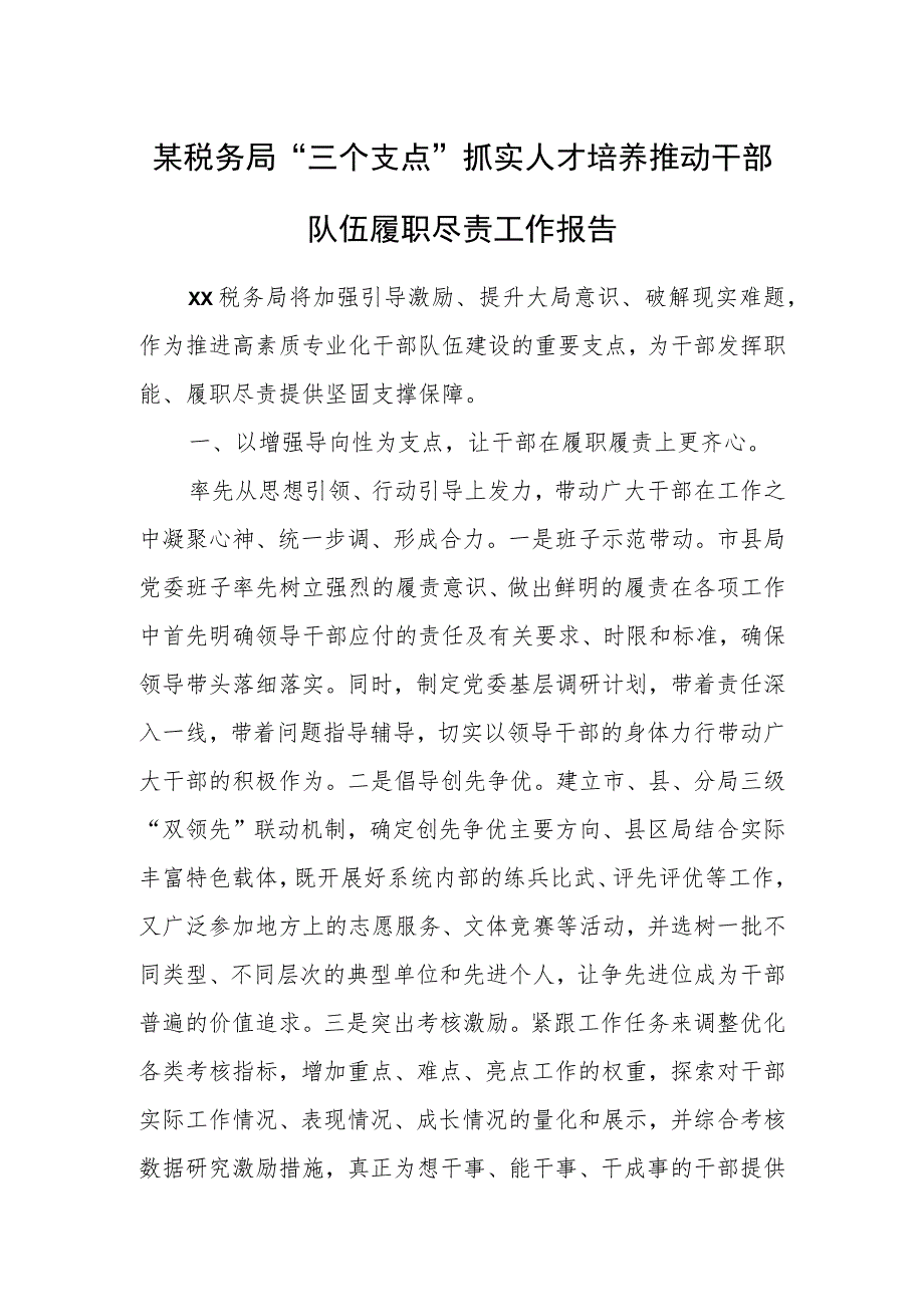 某税务局“三个支点”抓实人才培养推动干部队伍履职尽责工作报告.docx_第1页