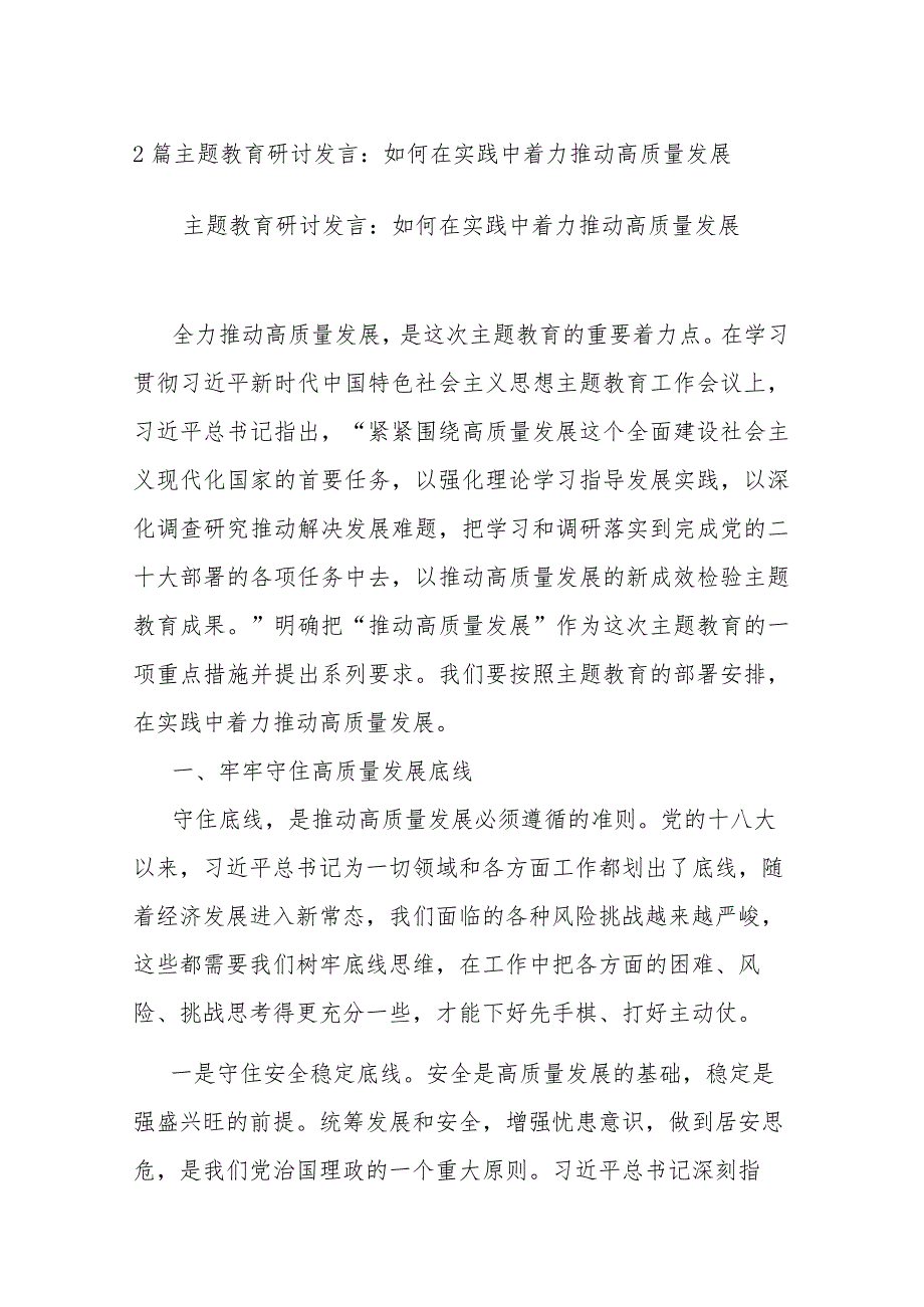 2篇主题教育研讨发言：如何在实践中着力推动高质量发展.docx_第1页