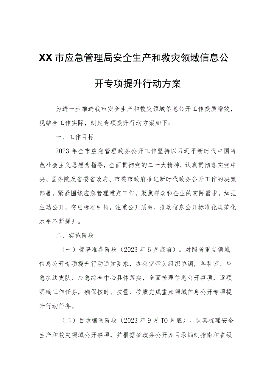 XX市应急管理局安全生产和救灾领域信息公开专项提升行动方案.docx_第1页