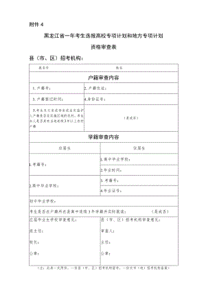 黑龙江省考生选报高校专项计划和地方专项计划资格审查表.docx