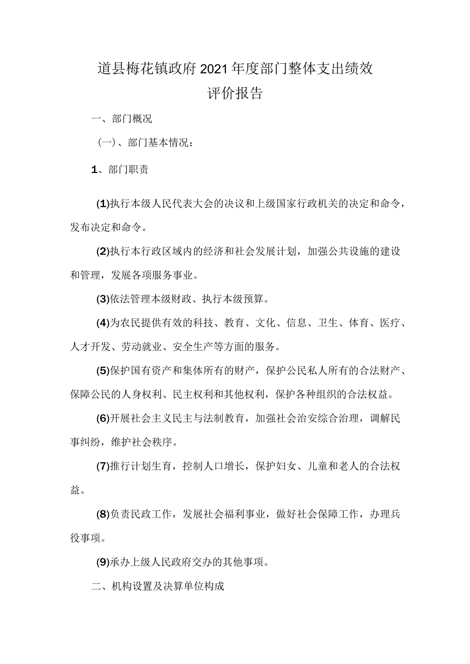 道县梅花镇政府2021年度部门整体支出绩效评价报告.docx_第1页