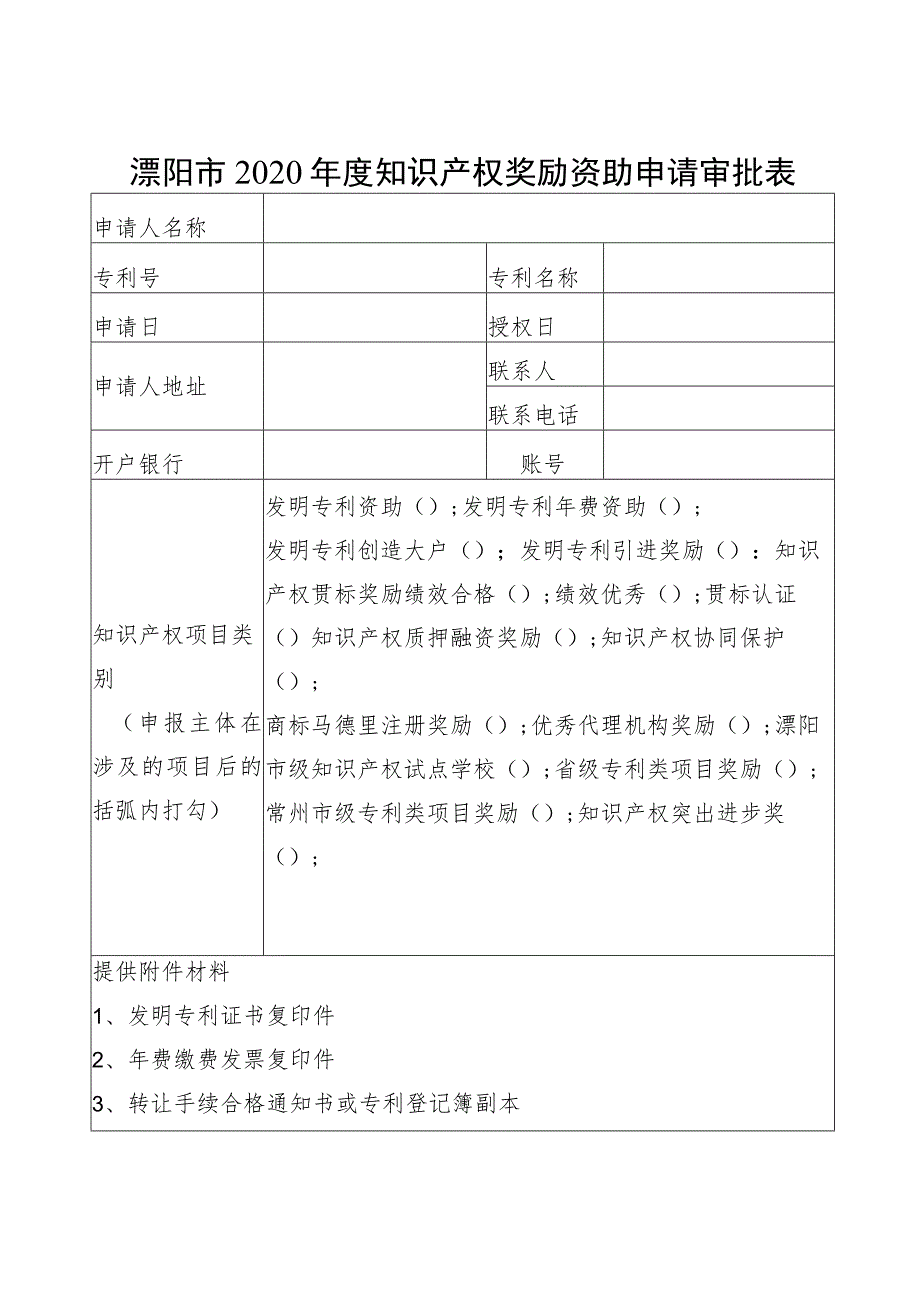 溧阳市2020年度知识产权奖励资助申请审批表.docx_第1页