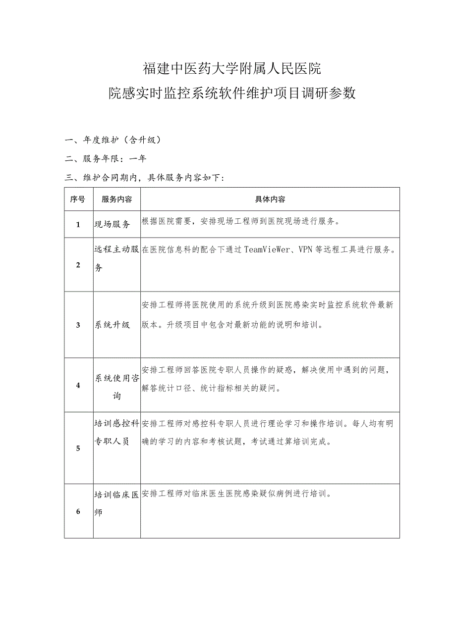 福建中医药大学附属人民医院院感实时监控系统软件维护项目调研参数.docx_第1页