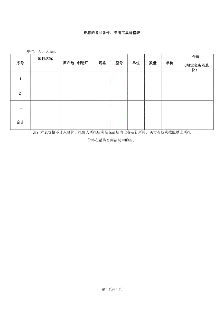 XX项目推荐的备品备件、专用工具价格表（2023年）.docx_第1页