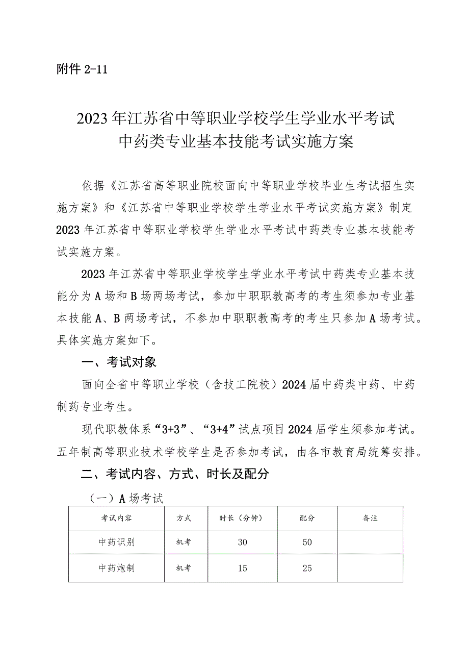 2023年江苏省中等职业学校学生学业水平考试中药类专业基本技能考试实施方案.docx_第1页