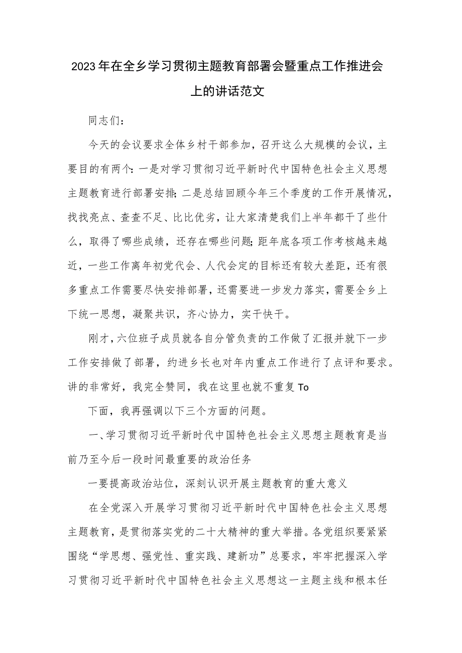 2023年在全乡学习贯彻主题教育部署会暨重点工作推进会上的讲话范文.docx_第1页