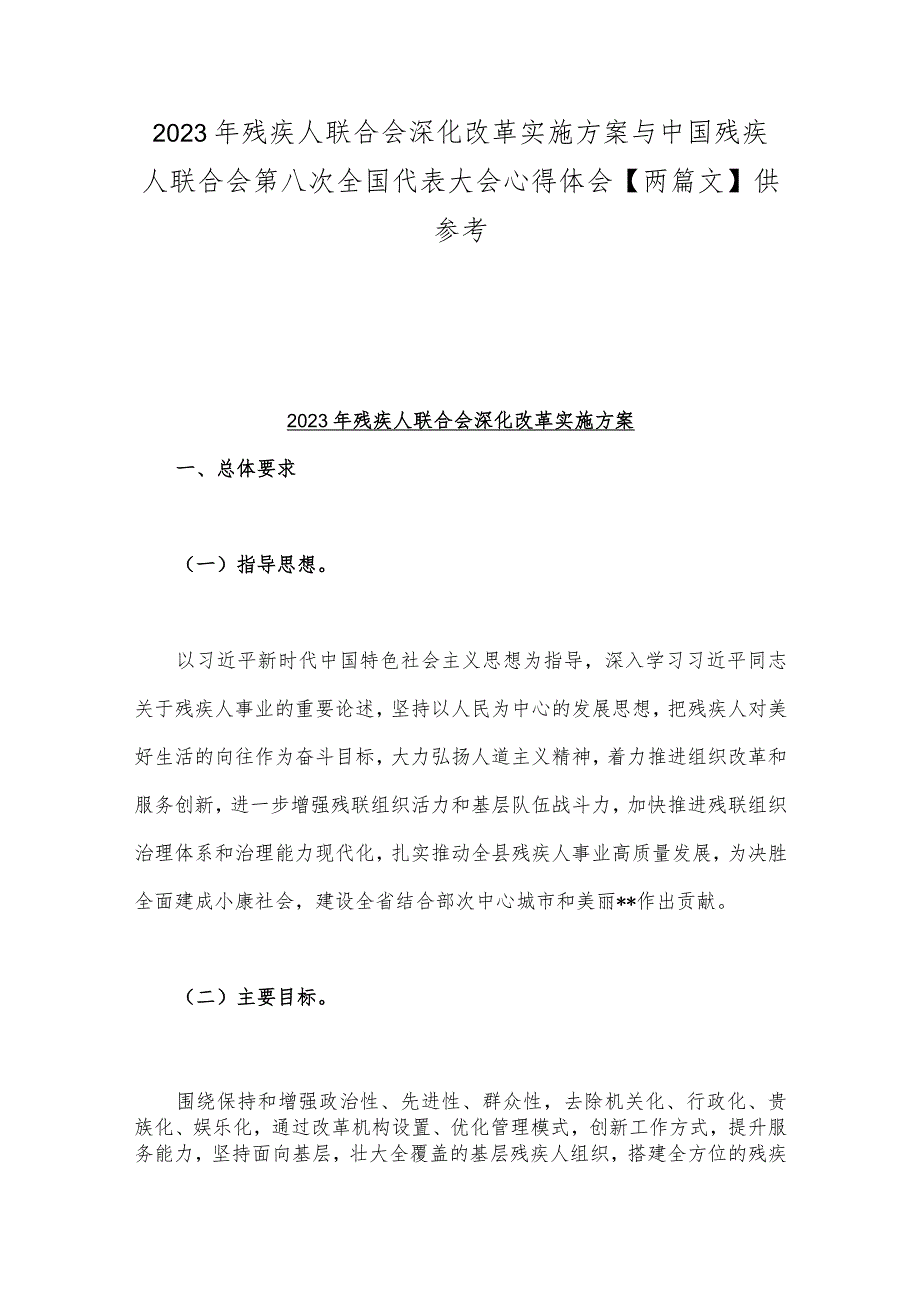 2023年残疾人联合会深化改革实施方案与中国残疾人联合会第八次全国代表大会心得体会【两篇文】供参考.docx_第1页