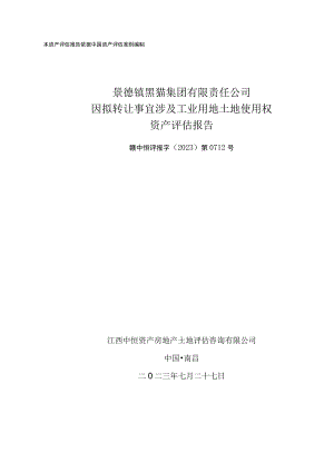 黑猫股份：景德镇黑猫集团有限责任公司因拟转让事宜涉及工业用地土地使用权资产评估报告.docx