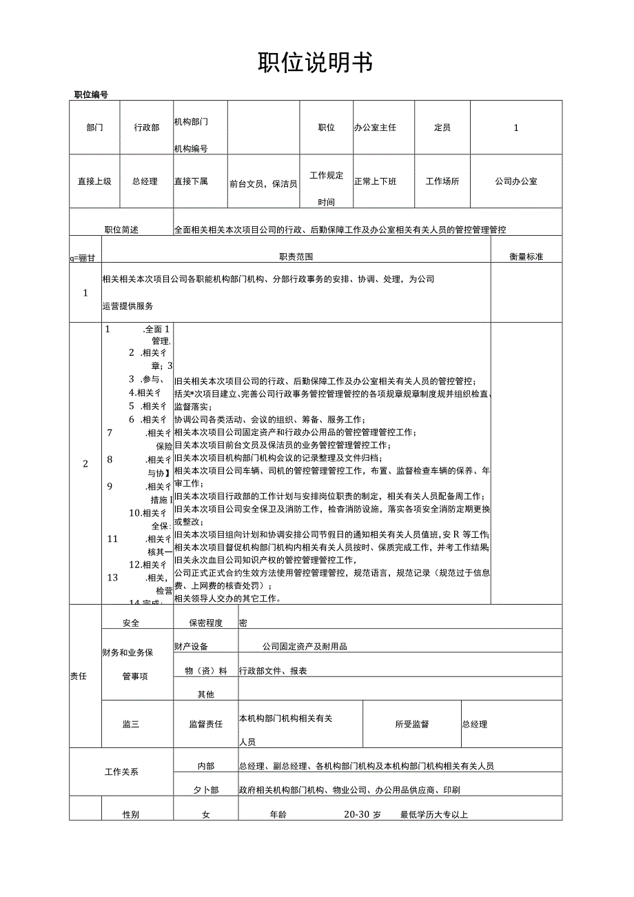 企业管理资料范本办公室主任职位说明书.docx_第1页