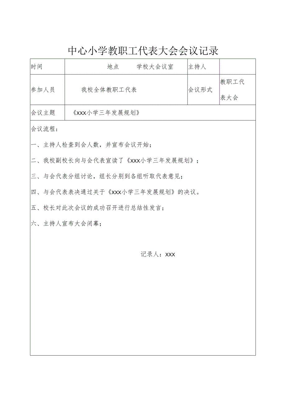 中心小学教职工代表大会会议记录-通过《XXX小学三年发展规划》.docx_第1页