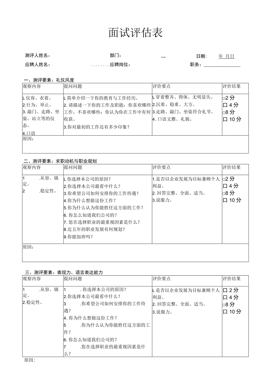 公司面试评估表招聘面试项目评分.docx_第1页