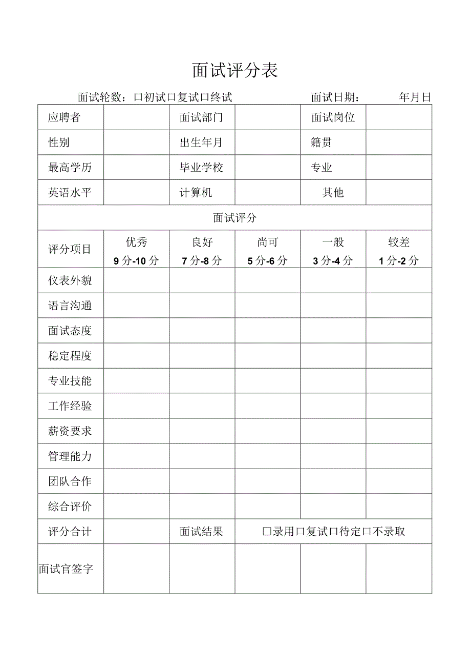 面试评分表（企业、社团通用）.docx_第1页