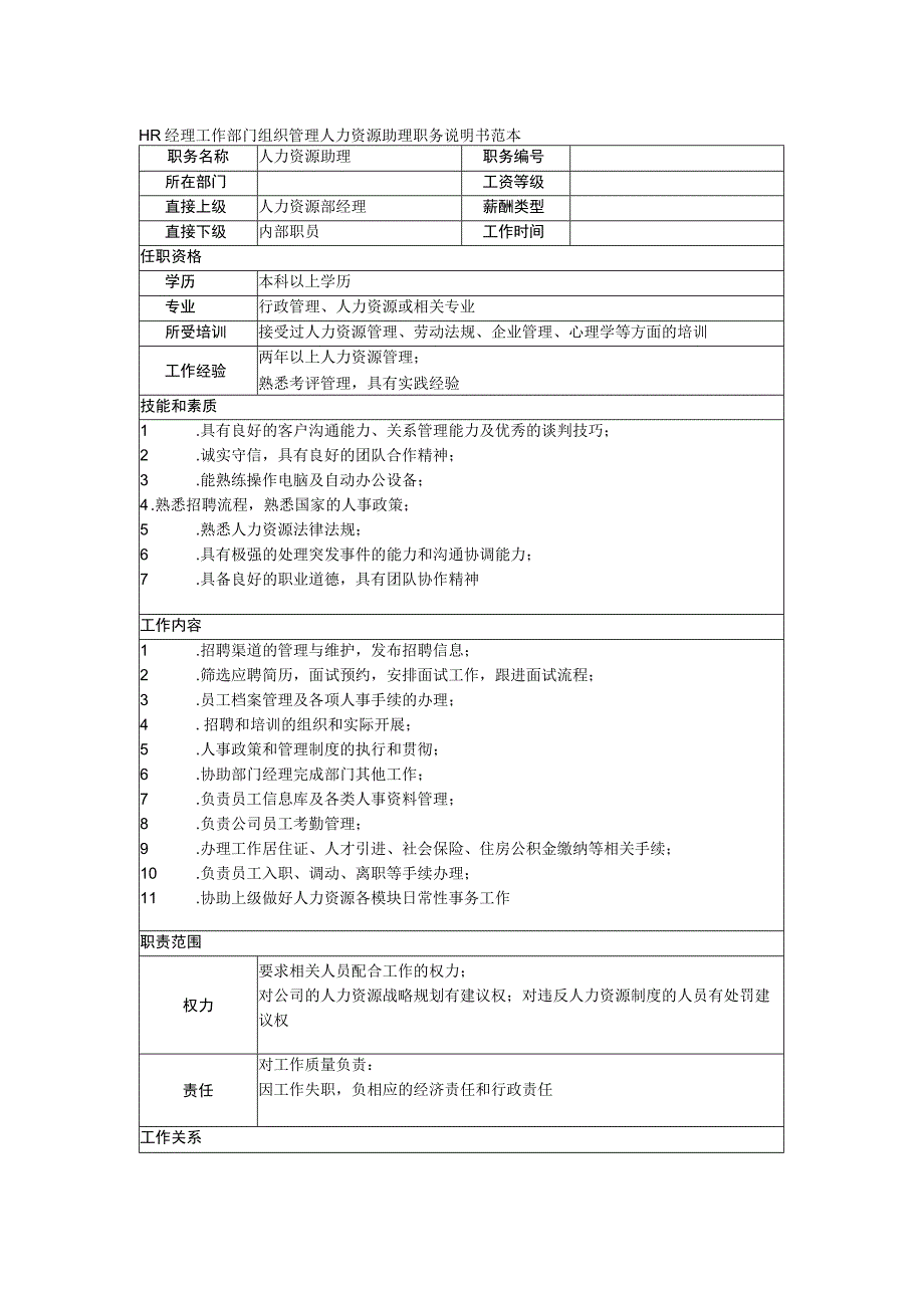 HR经理工作部门组织管理人力资源助理职务说明书范本.docx_第1页