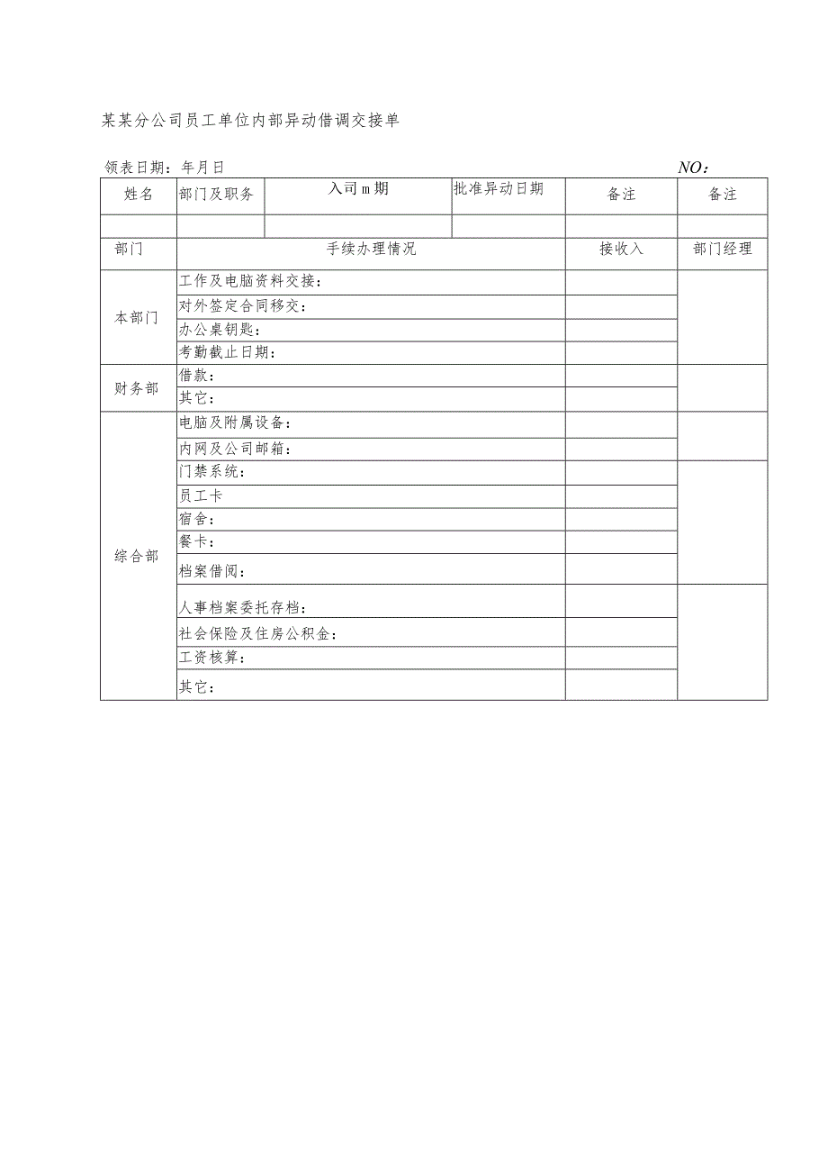 某某分公司员工单位内部异动借调交接单.docx_第1页