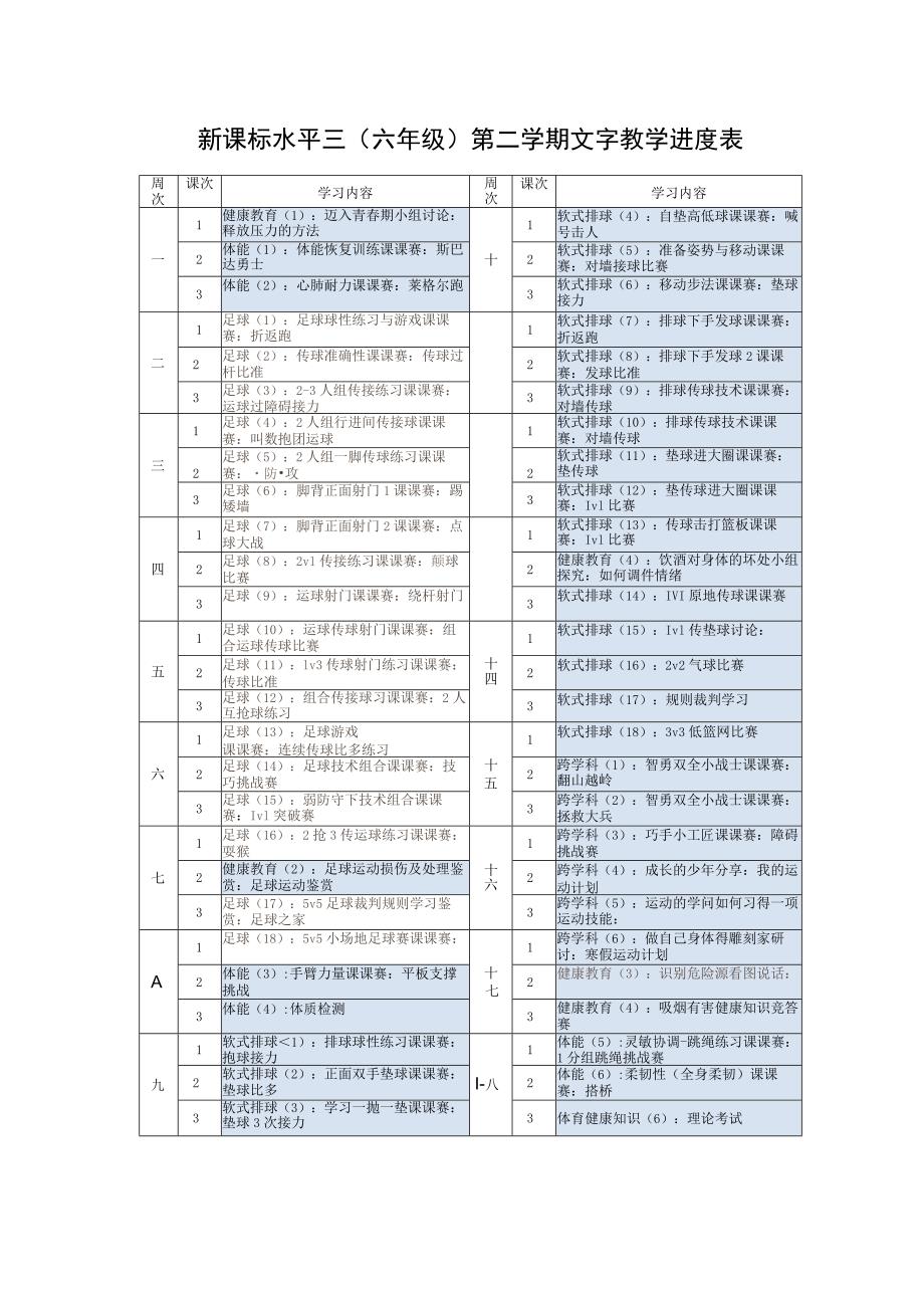 新课标水平三（六年级）第二学期文字教学进度表.docx_第1页