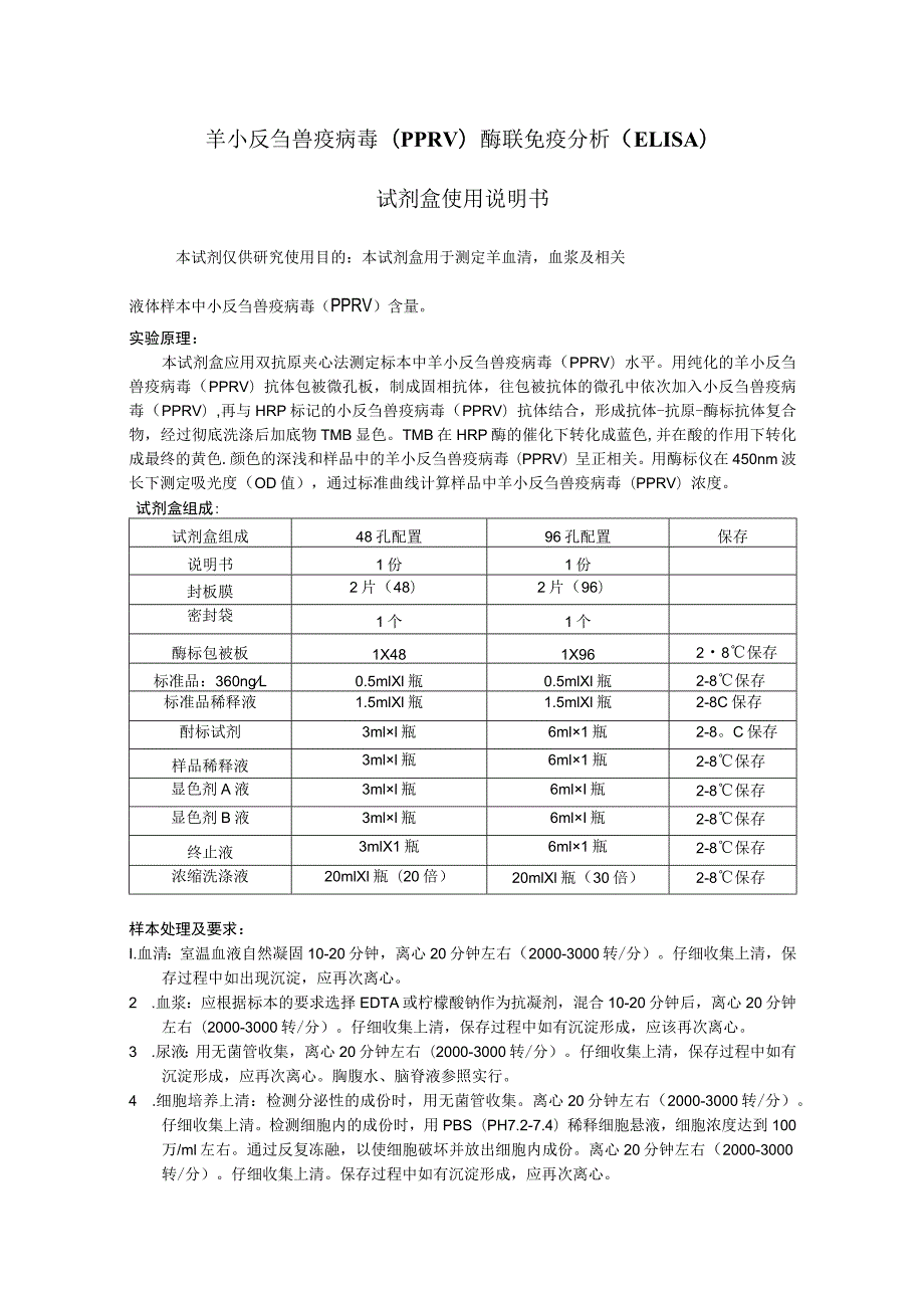 羊小反刍兽疫病毒PPRV酶联免疫分析ELISA试剂盒使用说明书.docx_第1页