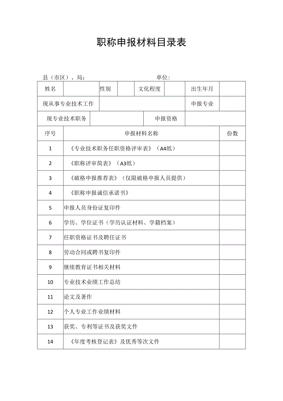 职称申报材料目录表.docx_第1页