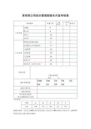 某有限公司综合管理部部长月度考核表.docx